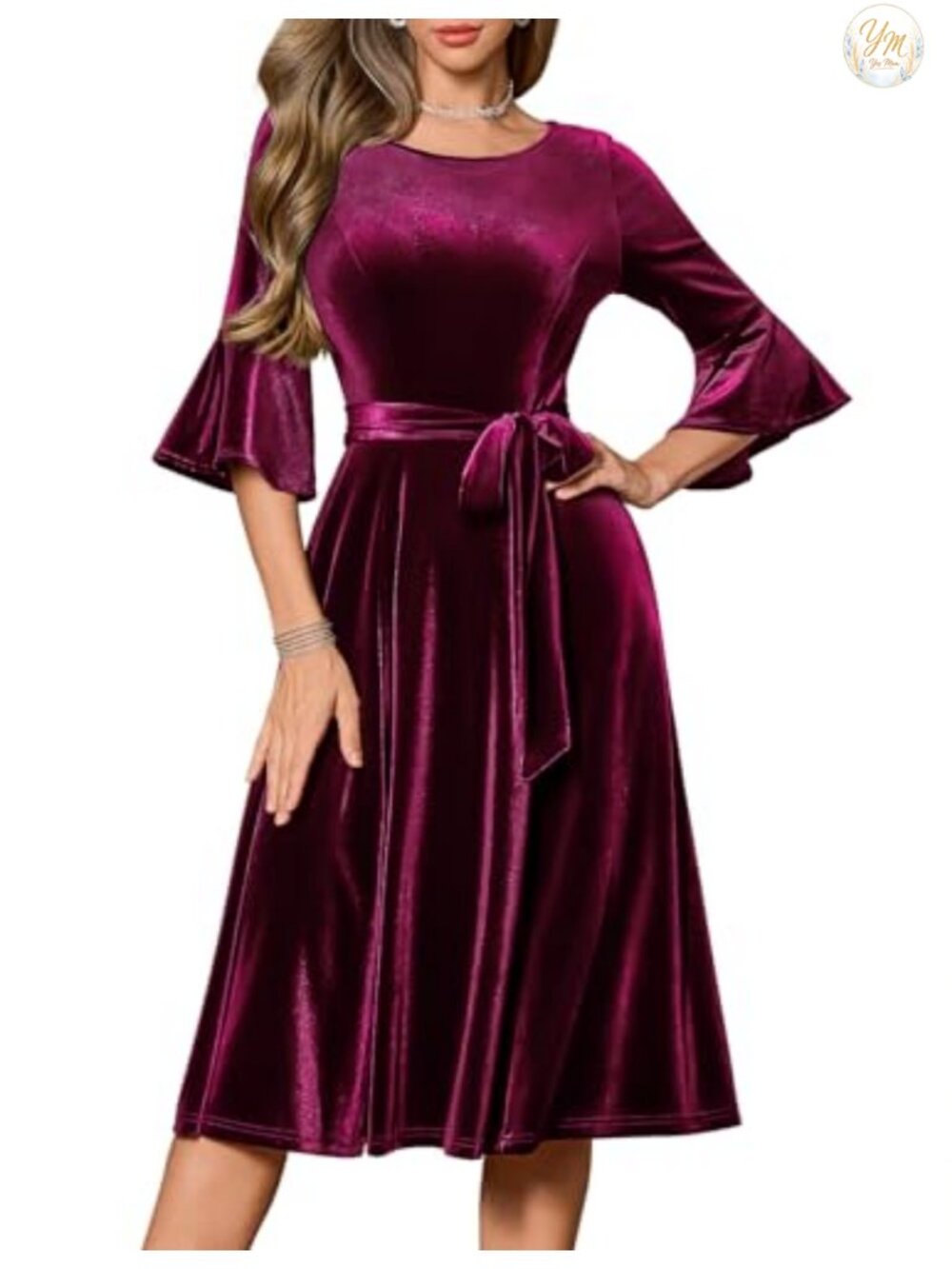 Women's Long Sleeve Velvet Midi Dress Formal Wedding Guest Cocktail Party